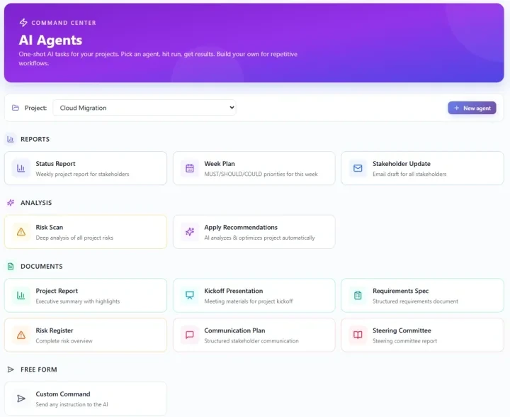 AI Agents command center with Reports, Analysis, Documents and custom agents