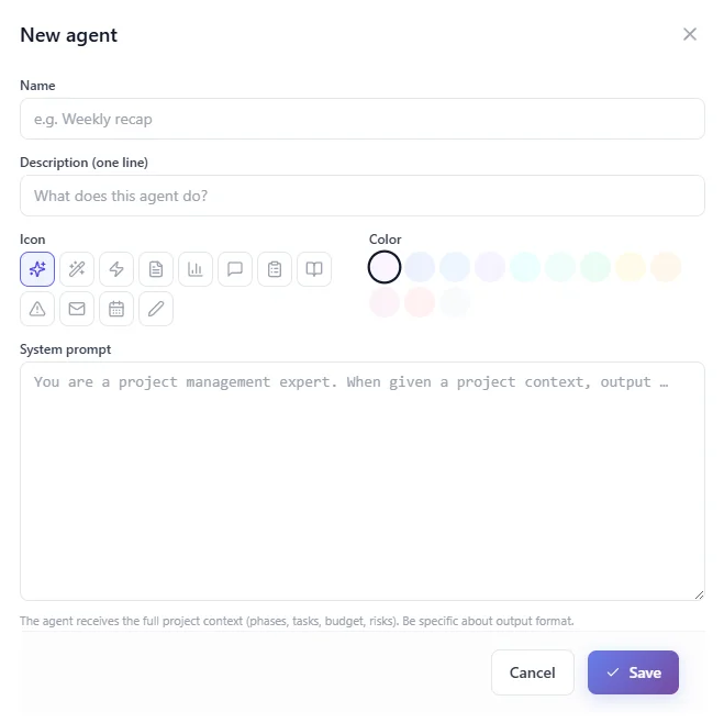 Modal to create a custom AI agent with name, icon, color and system prompt