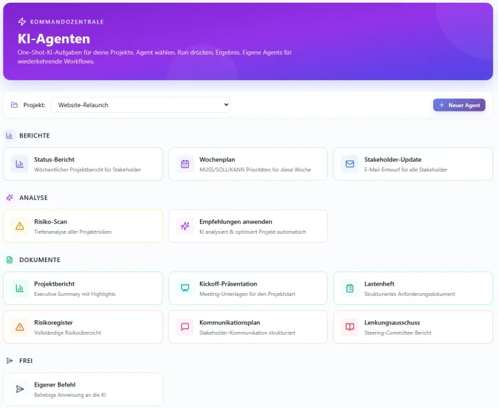 KI-Agenten Kommandozentrale mit Berichten, Analyse, Dokumenten und eigenen Agenten