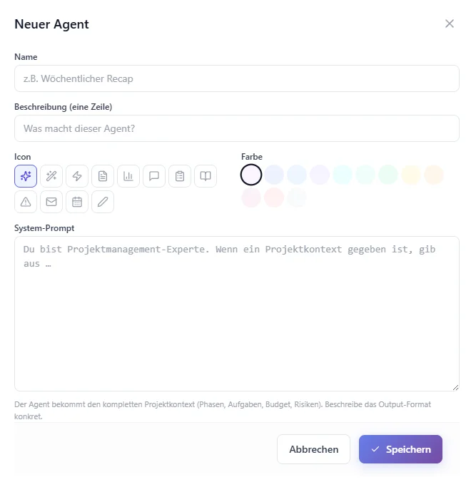 Modal zum Erstellen eines eigenen KI-Agenten mit Name, Icon, Farbe und System-Prompt