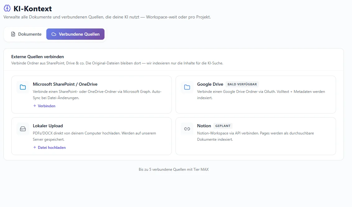 Verschiedene Quellen-Typen für den KI-Kontext: Upload, SharePoint, OneDrive